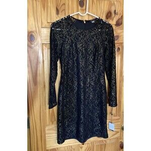 Tommy Hilfiger Womens Black Gold Metallic Lace A Line Long Sleeve Sz 2 Dress NWT